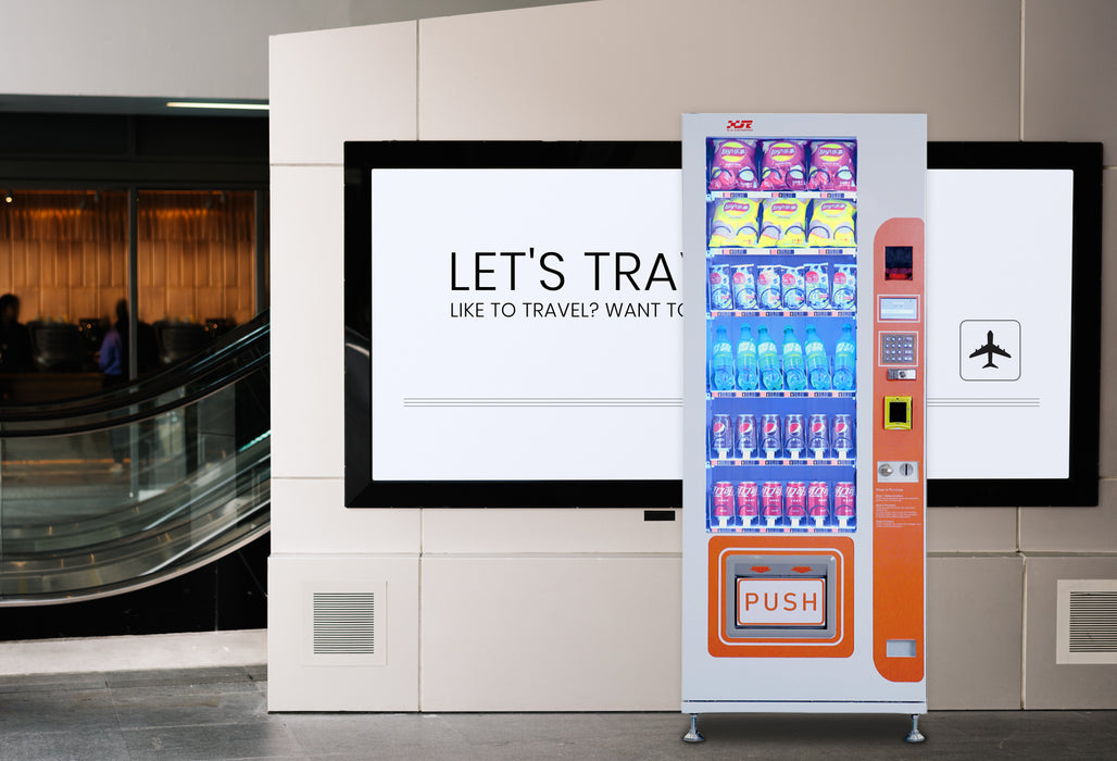 Snack and drink vending machine can be used to sell snacks and cold or room temperature beverages.