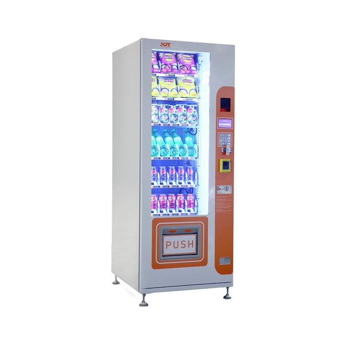 Snack and drink vending machine can be used to sell snacks and cold or room temperature beverages.