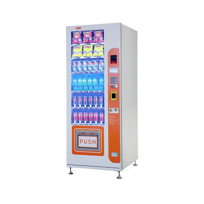 Snack and drink vending machine can be used to sell snacks and cold or room temperature beverages.