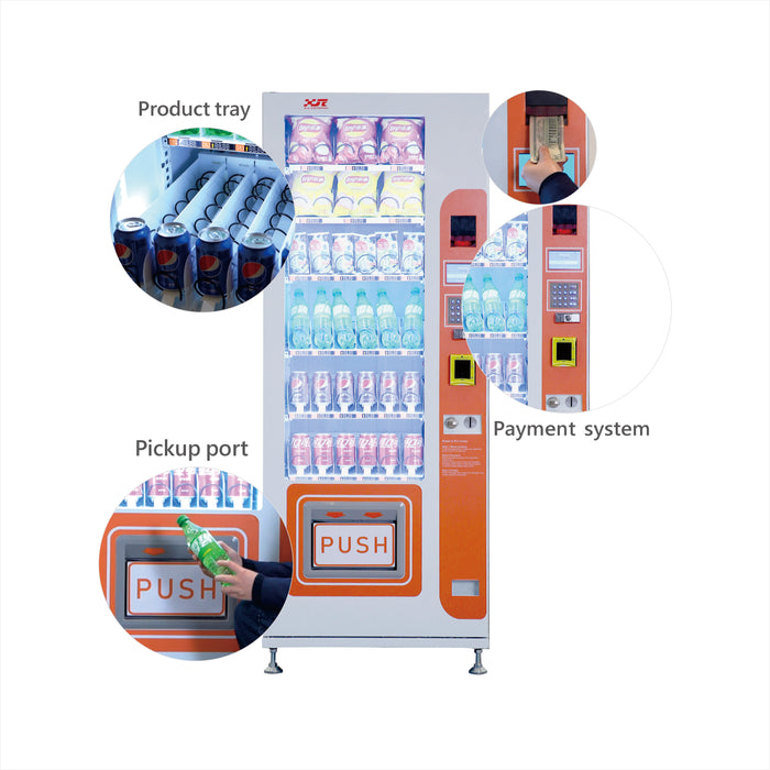 Snack and drink vending machine can be used to sell snacks and cold or room temperature beverages.