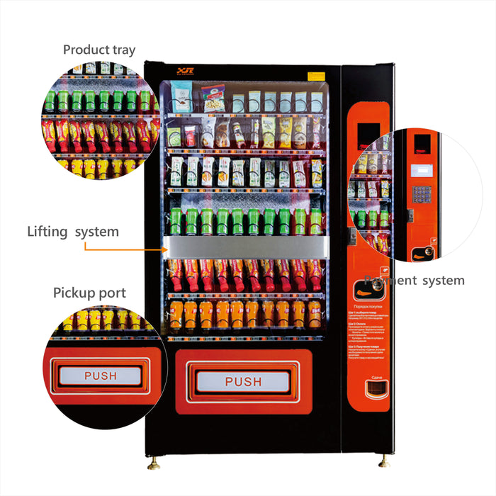 Snack and drink vending machine with lifting system can be used to sell snacks and cold or room temperature beverages——XY-SLE-10C-I