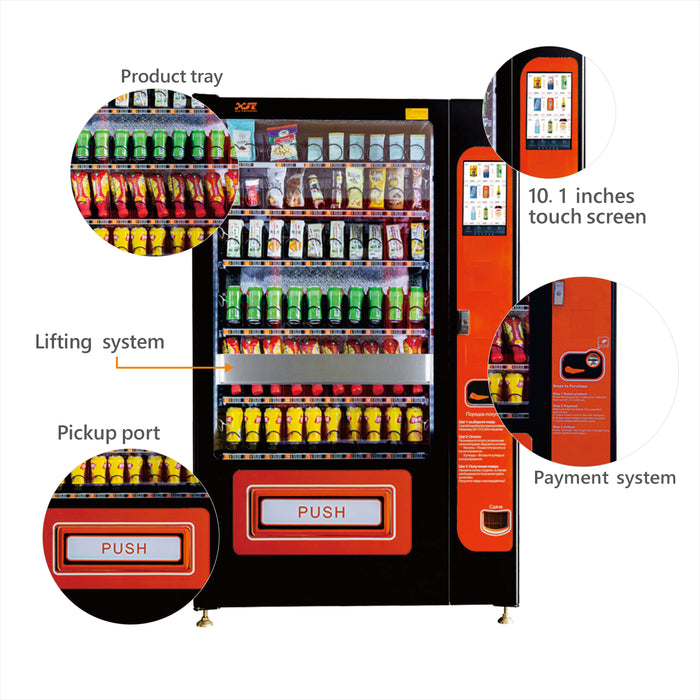 Snack and drink vending machine with lifting system can be used to sell snacks and cold or room temperature beverages——XY-SLY-10C-I-10.1＂