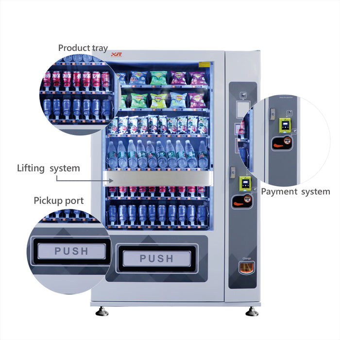 Snack and drink vending machine with lifting system can be used to sell snacks and cold or room temperature beverages——XY-SLE-10C-L1