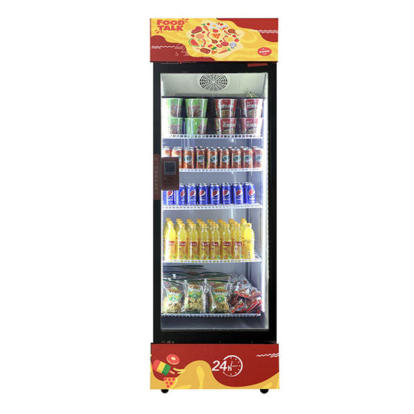 Smart fridge vending machine can be used to sell snacks and cold or room temperature beverages